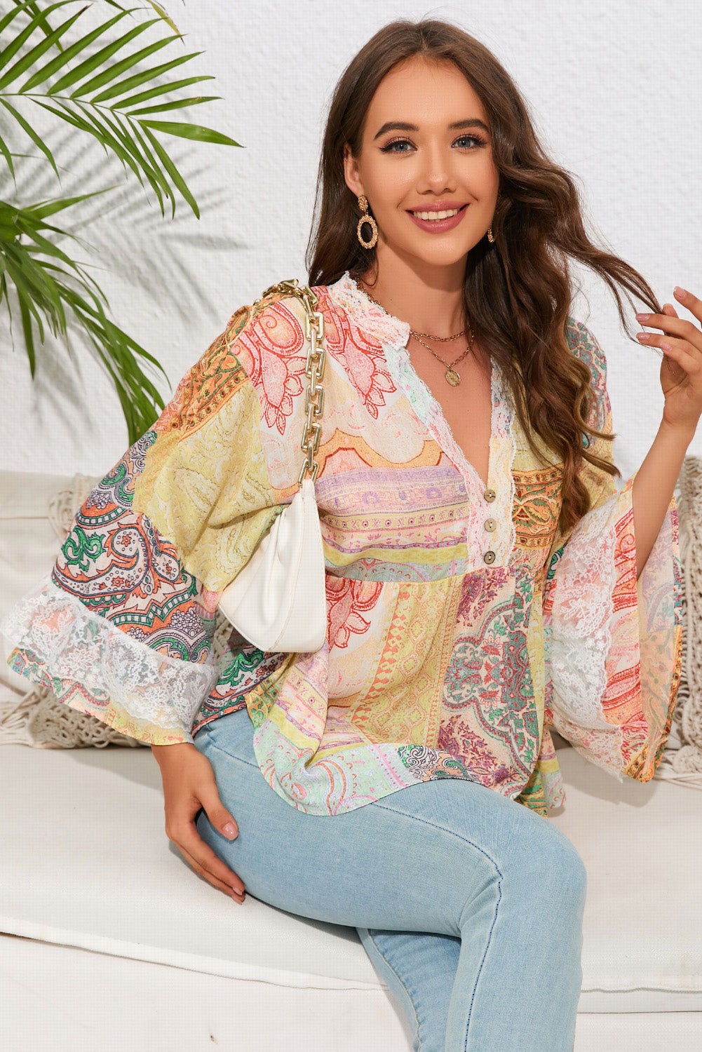 Boho Paisley Printed Colorblock Lace Trim Buttoned Blouse