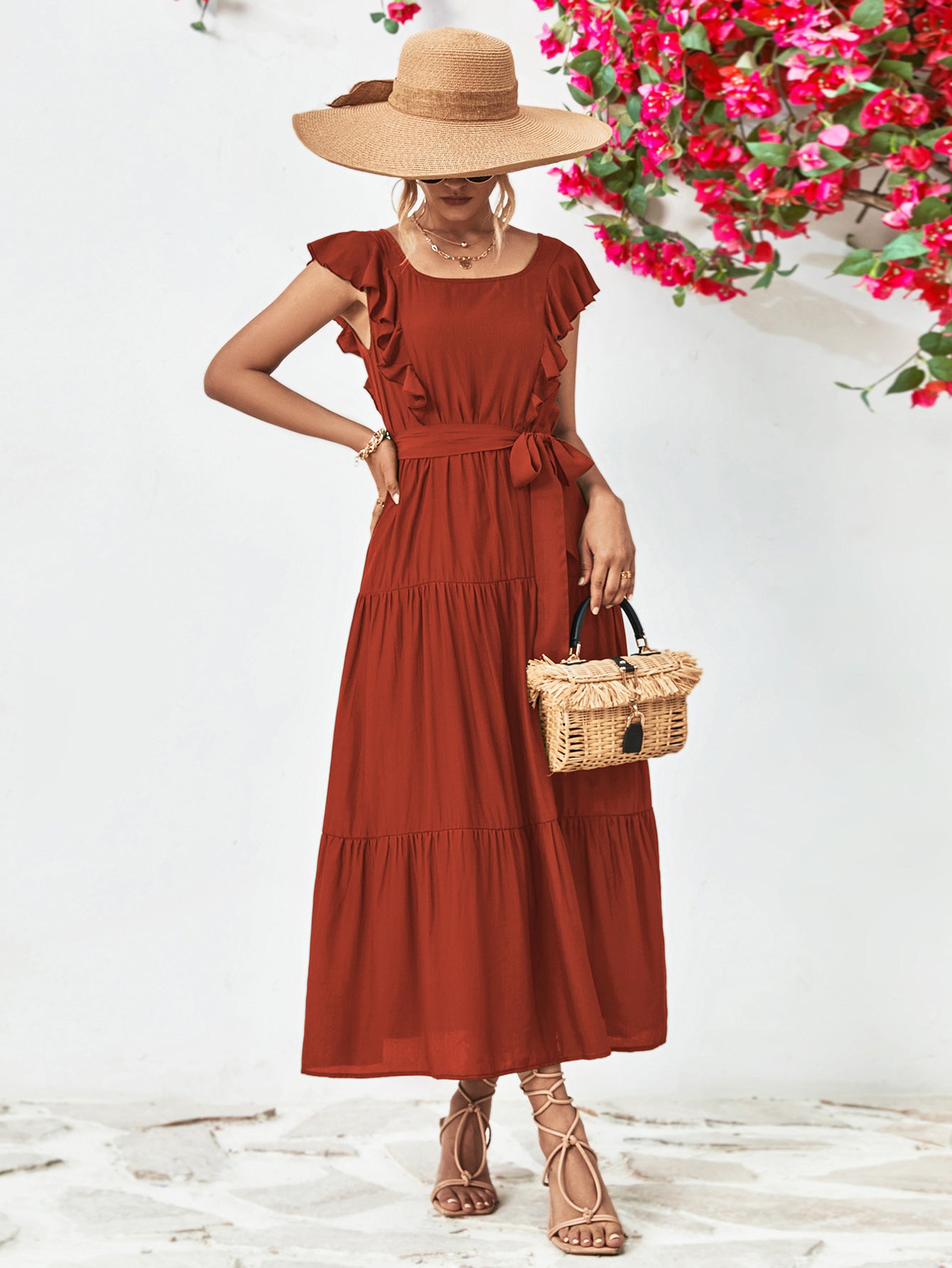Evelyn Bohemian Tie Belt Ruffle Tier Midi Dress