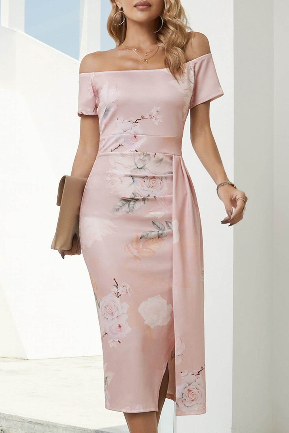 Printed Off-Shoulder Split Midi Dress