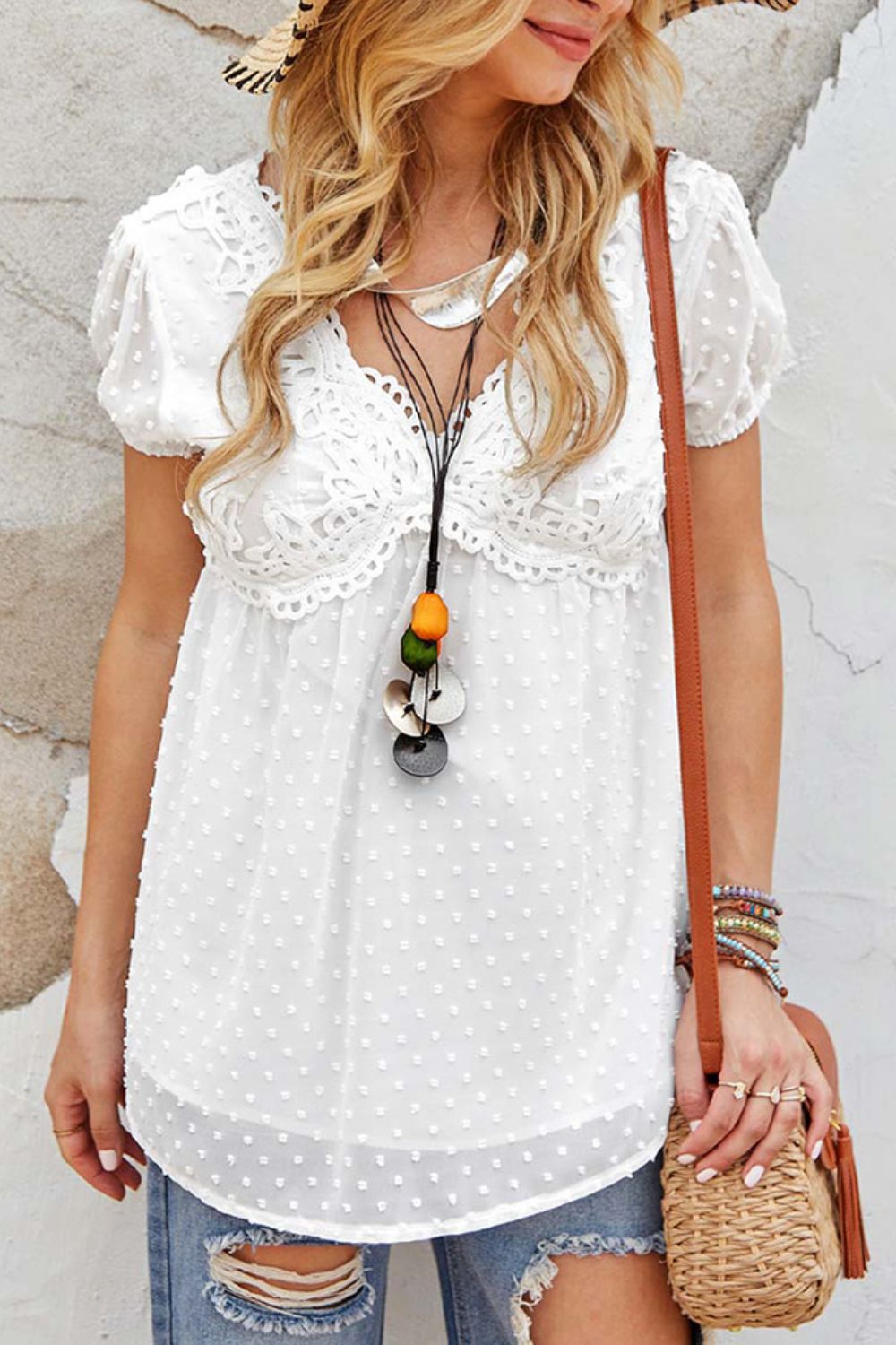 Boho Swiss Dot Lace Trim Puff Sleeve Blouse