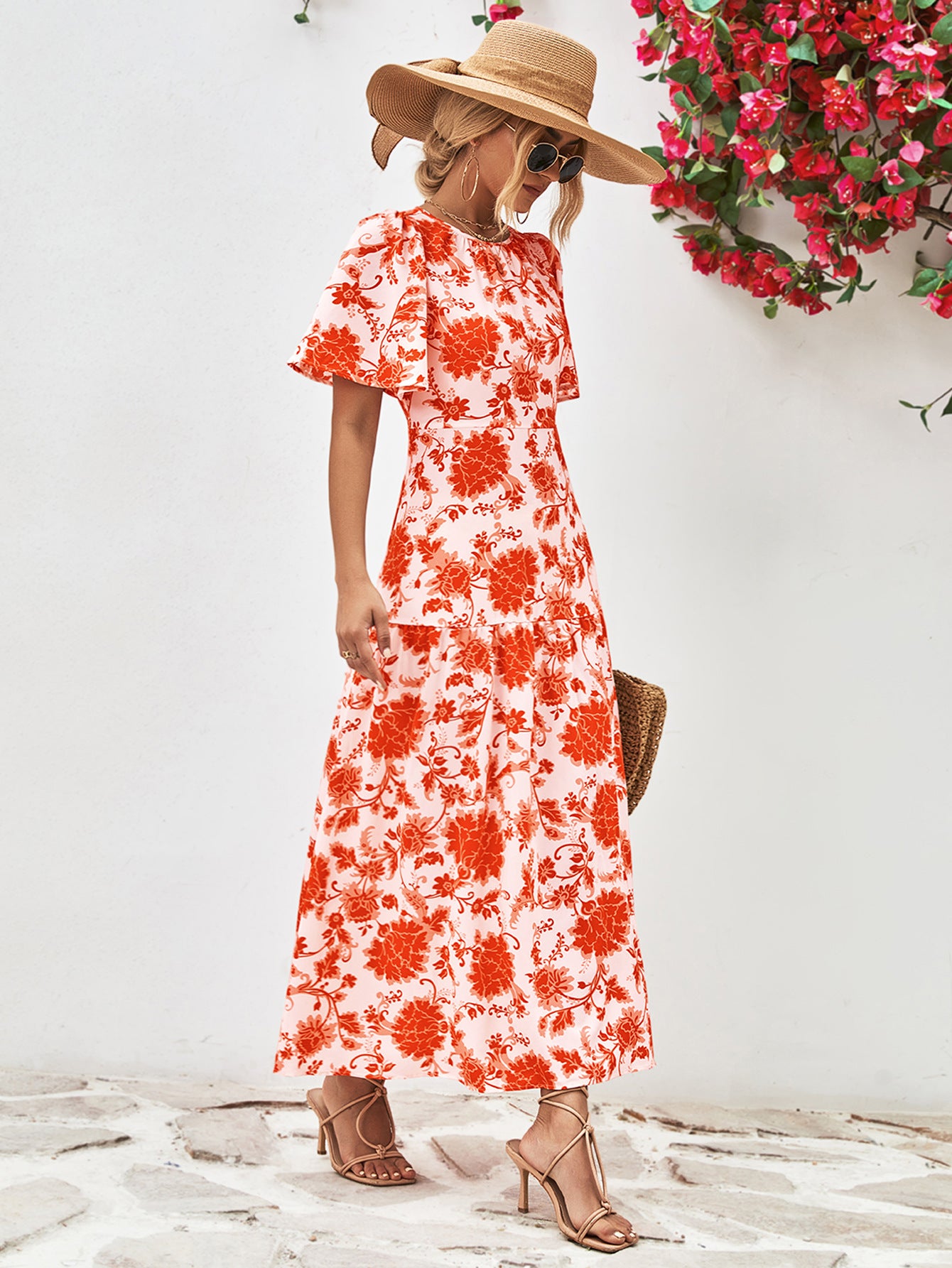 Amanda Boho Floral Round Neck Open Back Dress