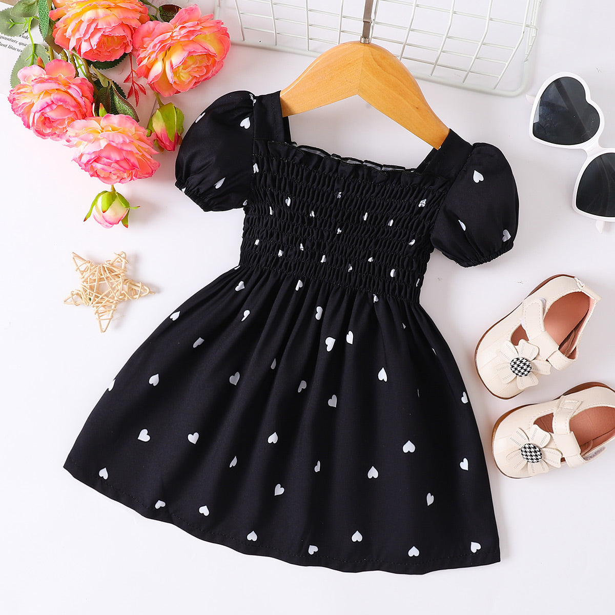 Little Baby Girl Boho Heart Print Smocked Square Neck Dress