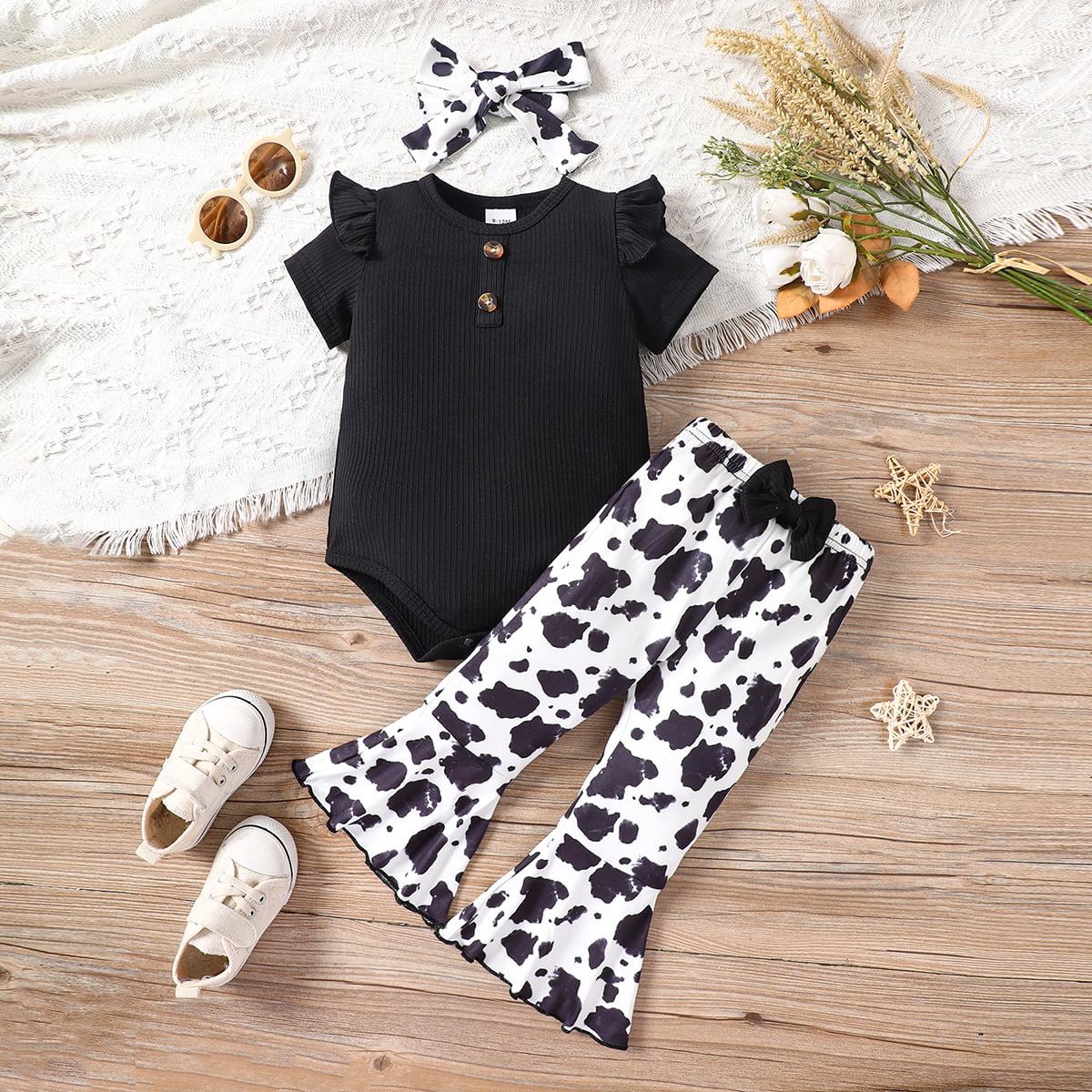 Little Baby Girl Ribbed Bodysuit and Printed Flare Pants Set