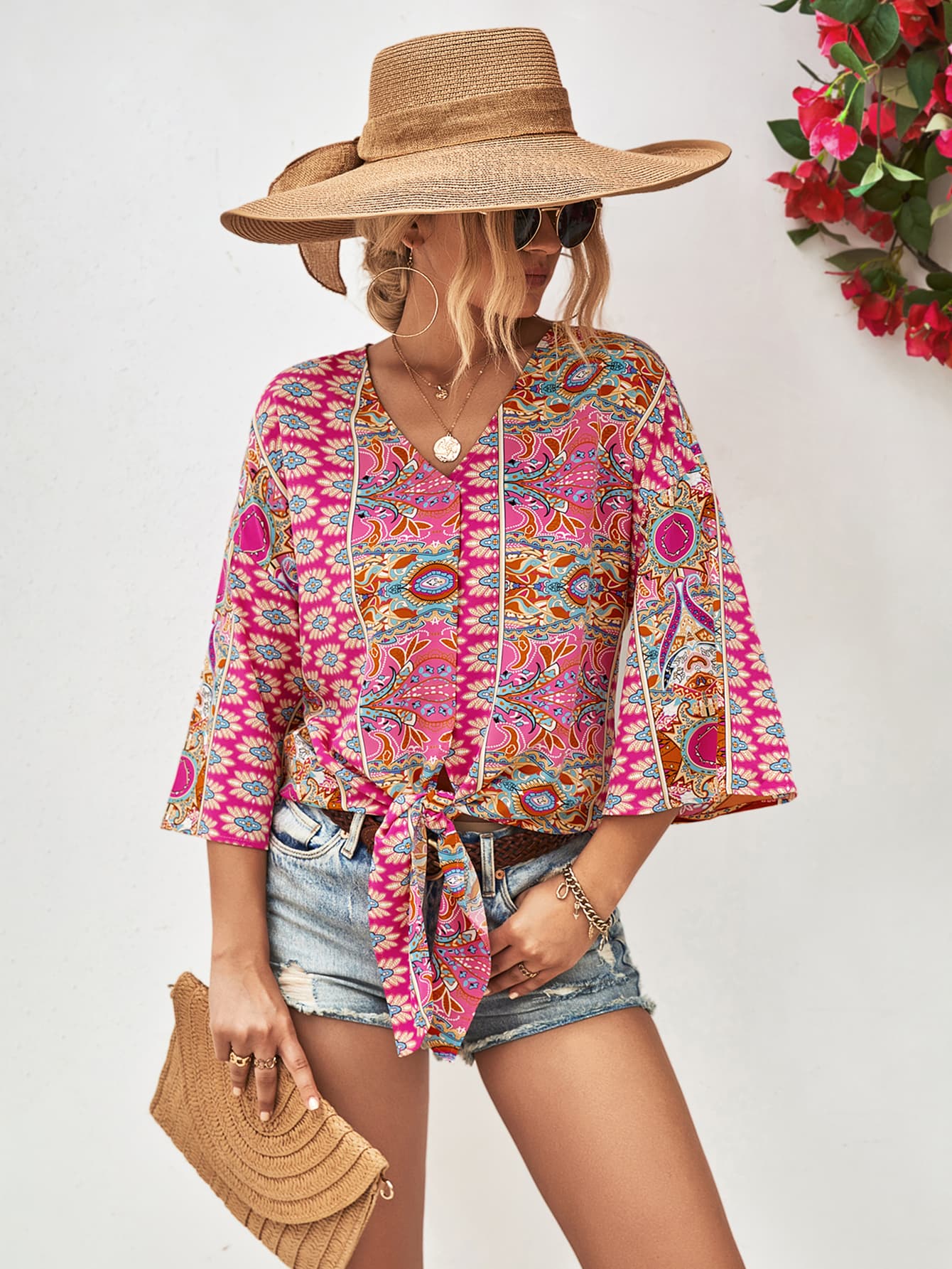 Beverly Paisley Boho Tie Hem V-Neck Three-Quarter Sleeve Blouse