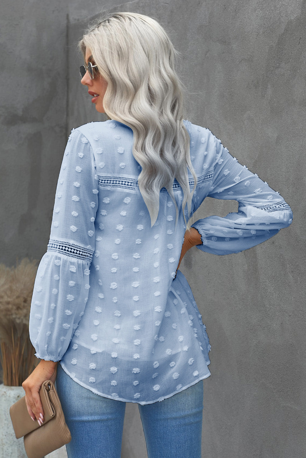 Boho Swiss Dot Frilled Notched Neck Blouse