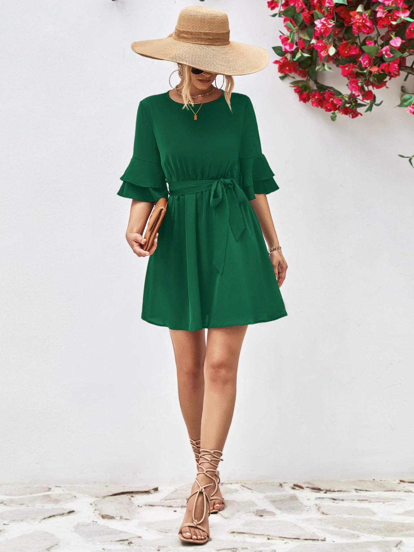 Charlie Round Neck Tie Belt Flounce Sleeve Dress