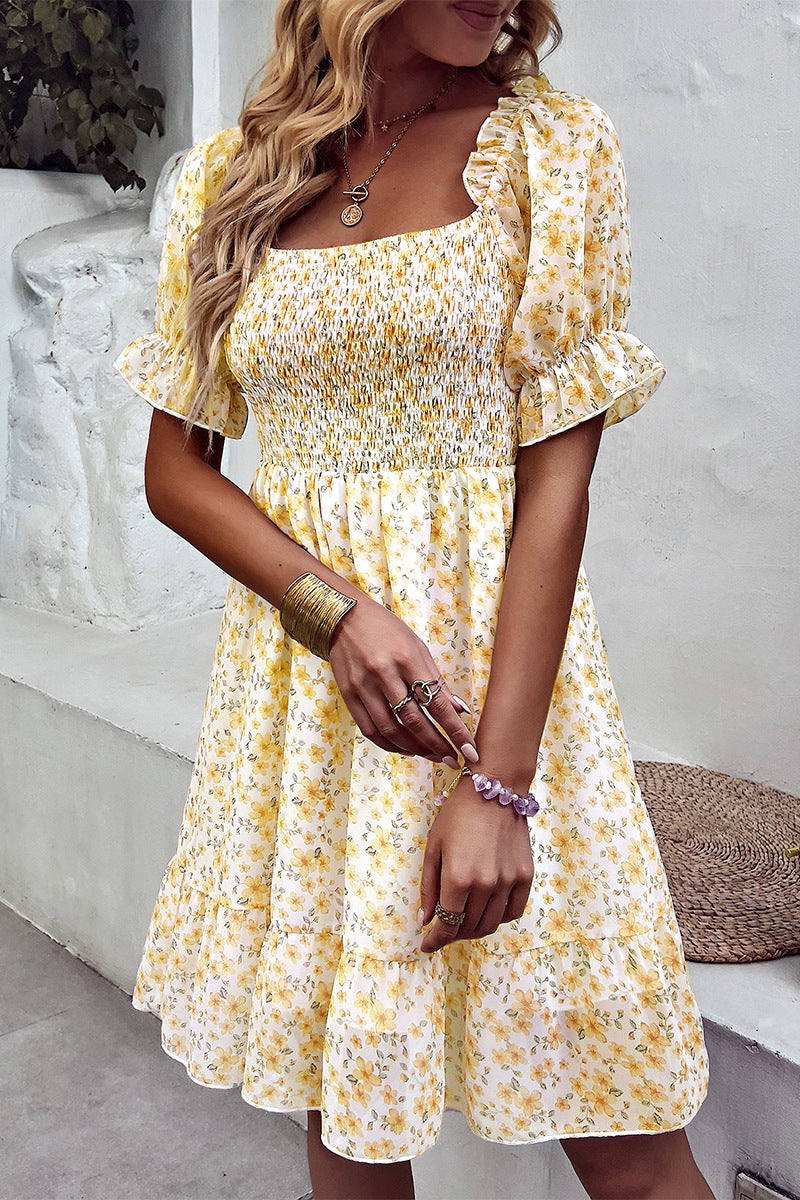 Rebecca Floral Smocked Square Neck Flounce Sleeve Dress
