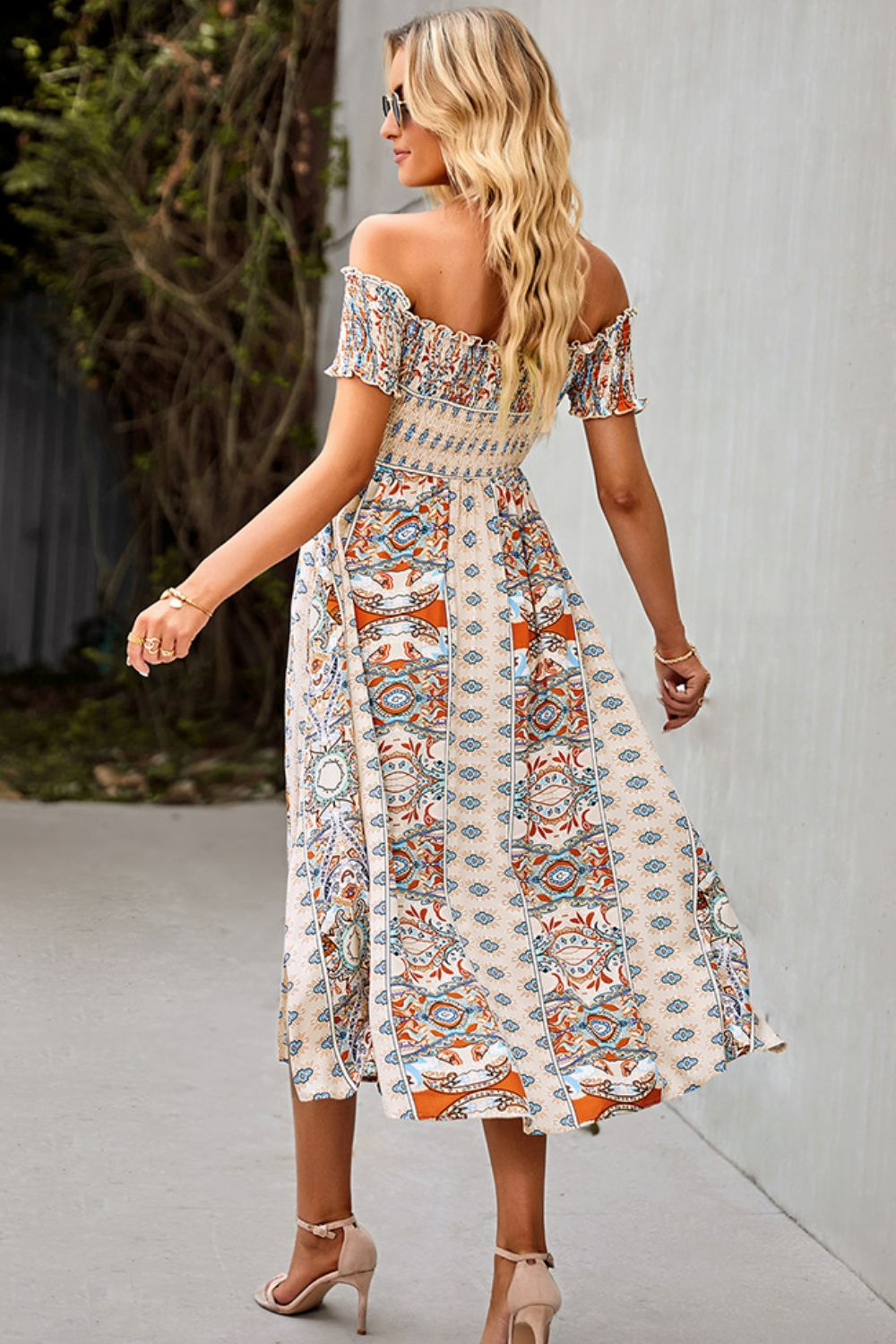 Bohemian Off-Shoulder Midi Frill Trim Split Dress