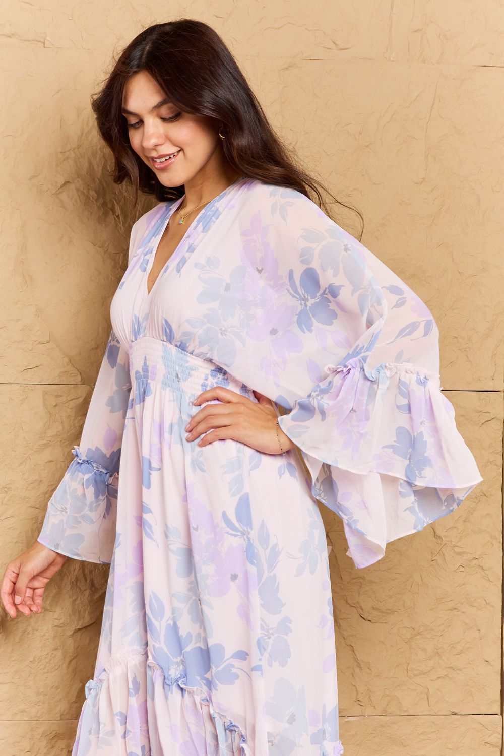 Bohemian OneTheLand Take Me With You Floral Bell Sleeve Midi Dress in Blue