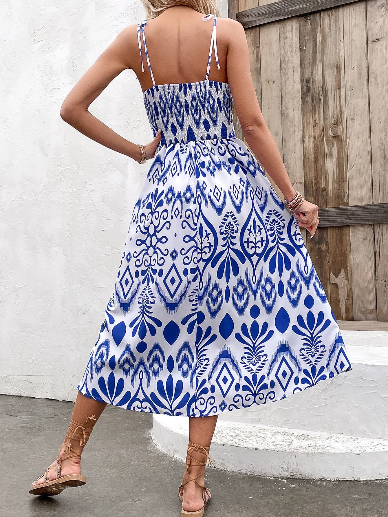 Alyssa Greek Printed Tie Shoulder Sweetheart Neck Dress