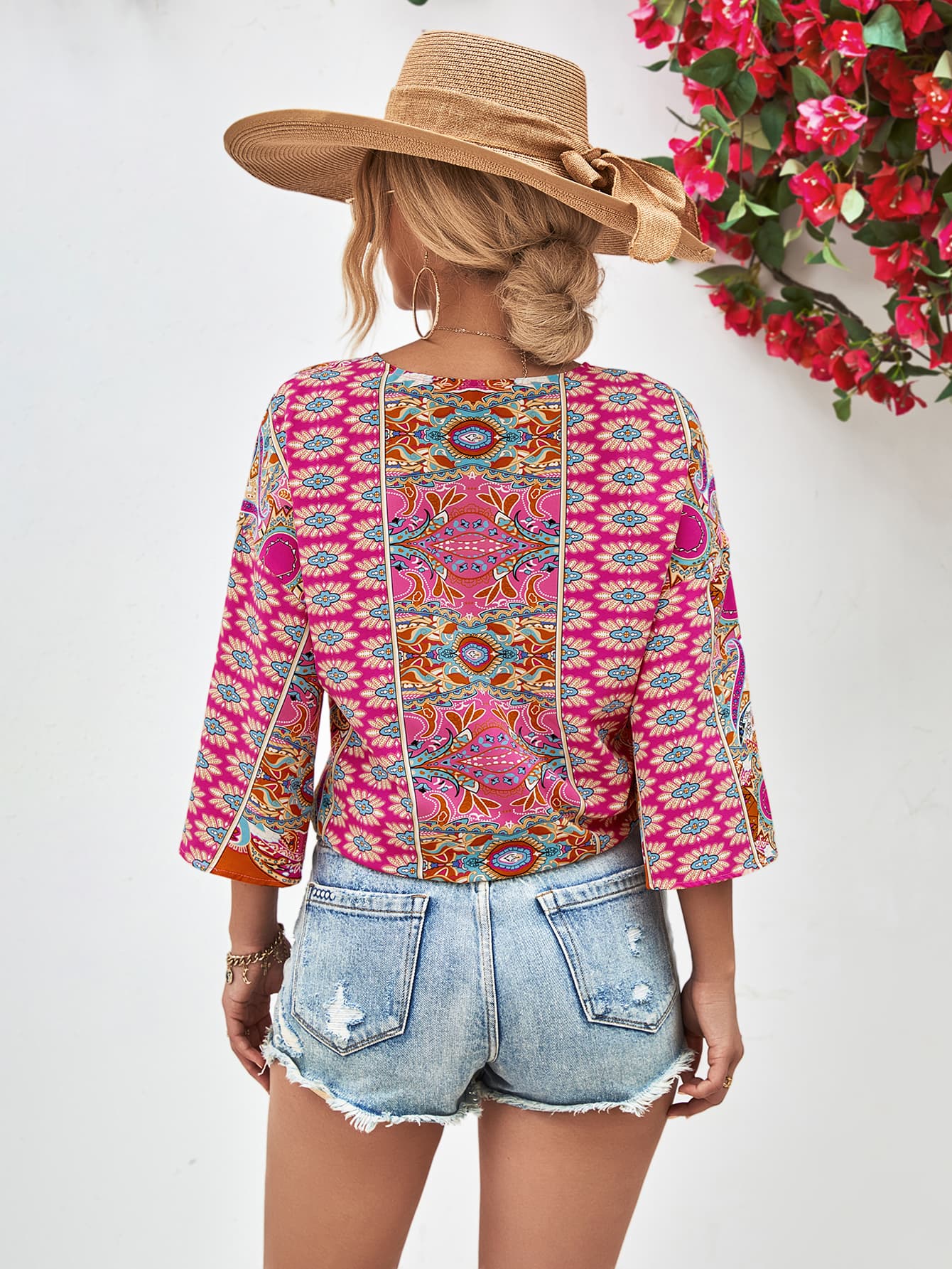 Beverly Paisley Boho Tie Hem V-Neck Three-Quarter Sleeve Blouse