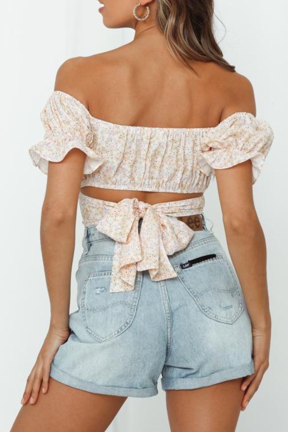 Boho Flower Print Ruffle Trim Off-Shoulder Back Tie Blouse