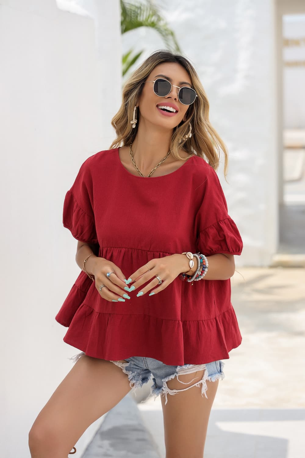 Boho Red Round Neck Ruched Short Sleeve Blouse