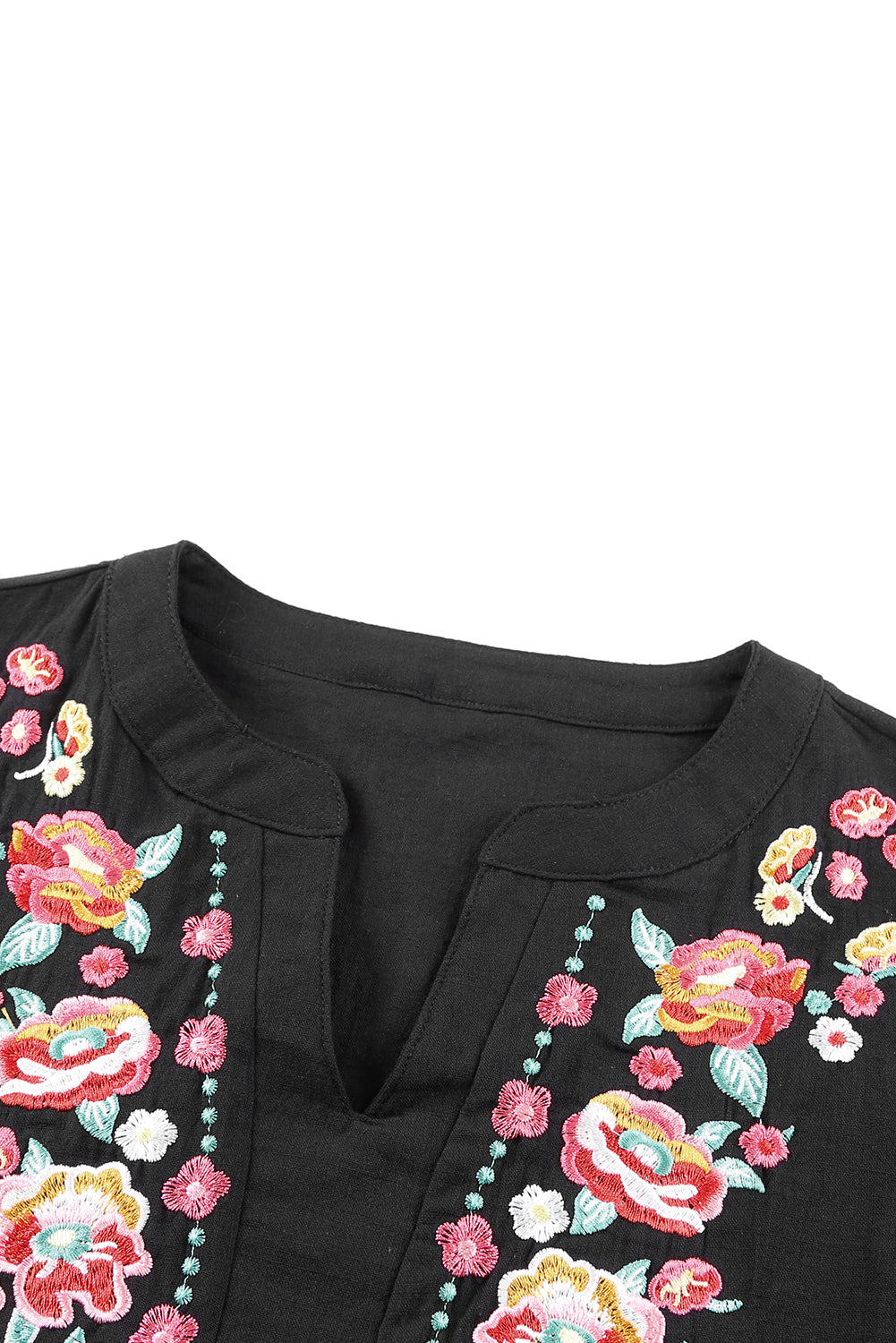 Boho Embroidered Notched Neck Flounce Sleeve Top