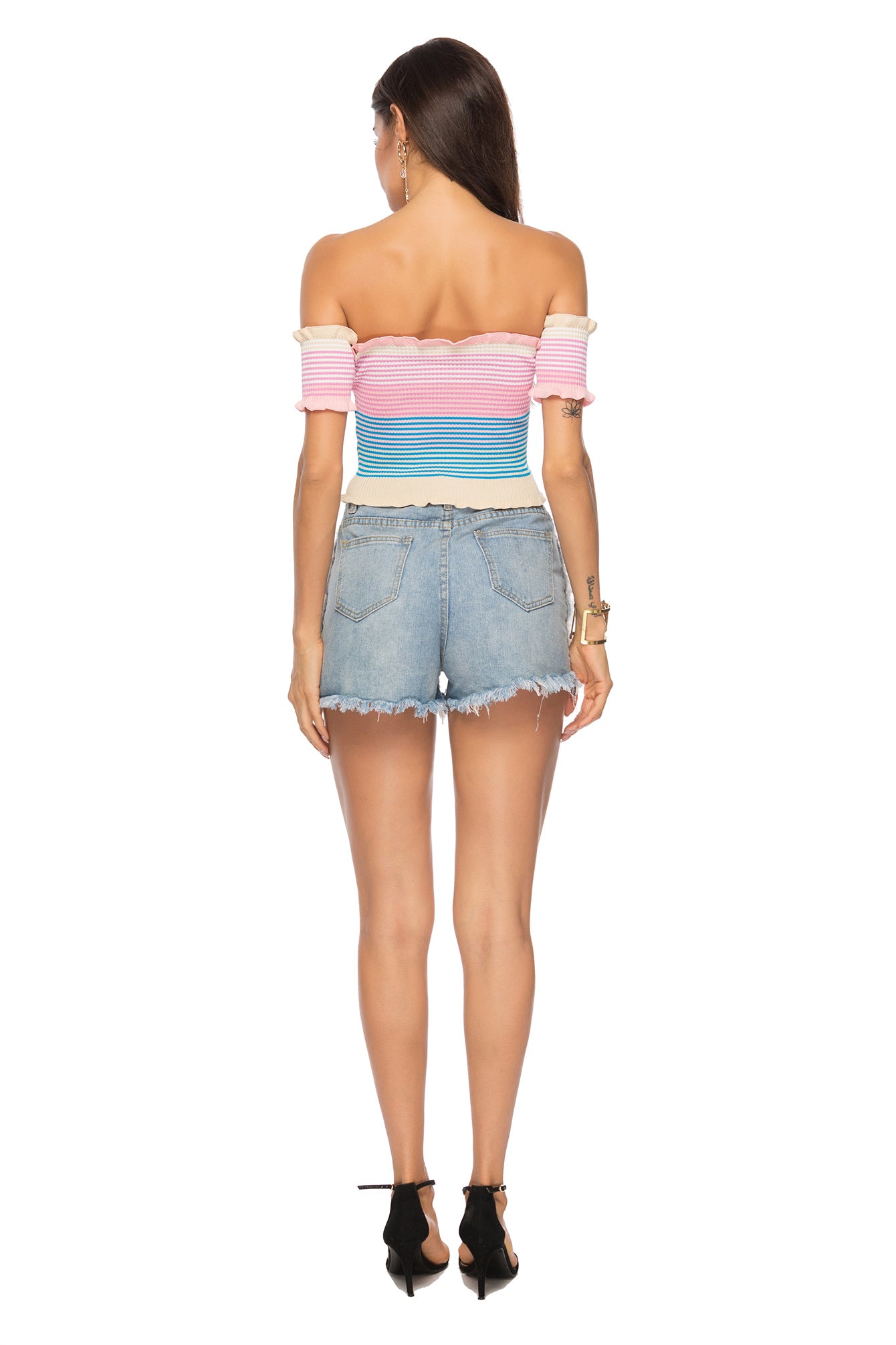 Boho Striped Off-Shoulder Frill Hem Knit Crop Top