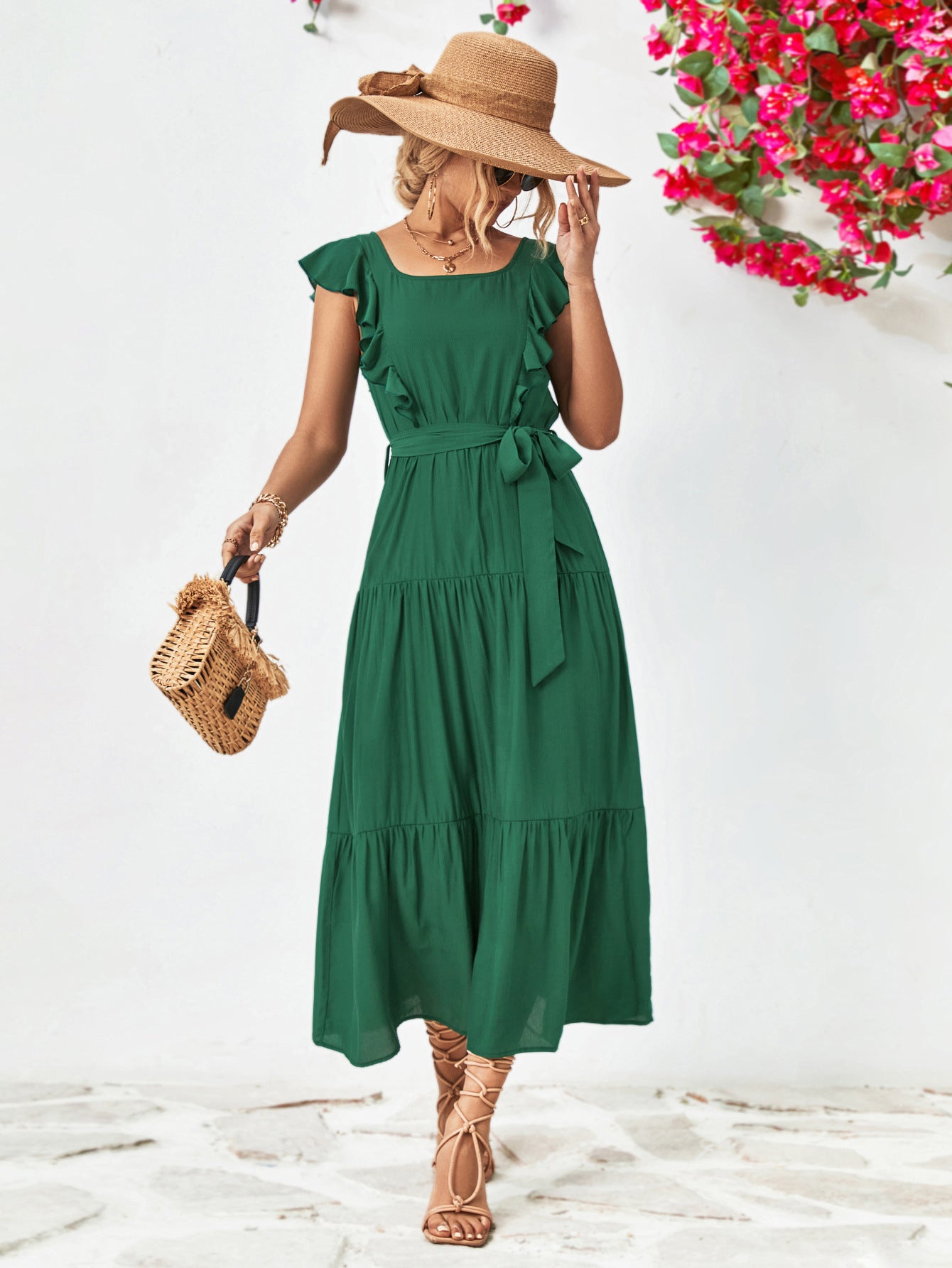 Evelyn Bohemian Tie Belt Ruffle Tier Midi Dress