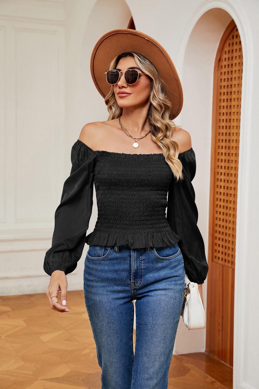 Bohemian Smocked Off the Shoulder Ruffle Hem Blouse