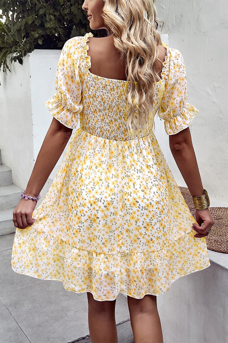 Rebecca Floral Smocked Square Neck Flounce Sleeve Dress