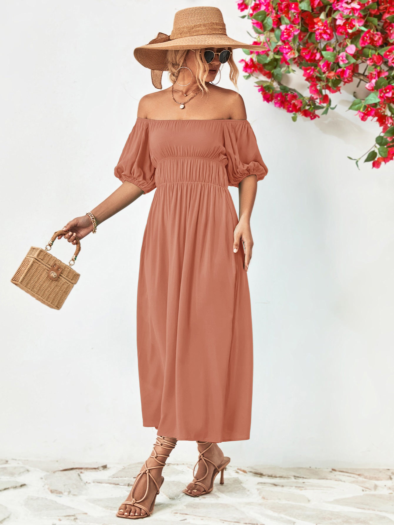 Hillary Boho Off the Shoulder Balloon Sleeve Midi Dress