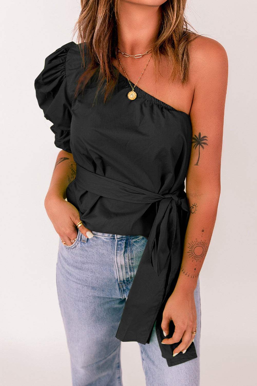 Women's Tied Puff Sleeve One-Shoulder Trendy Top