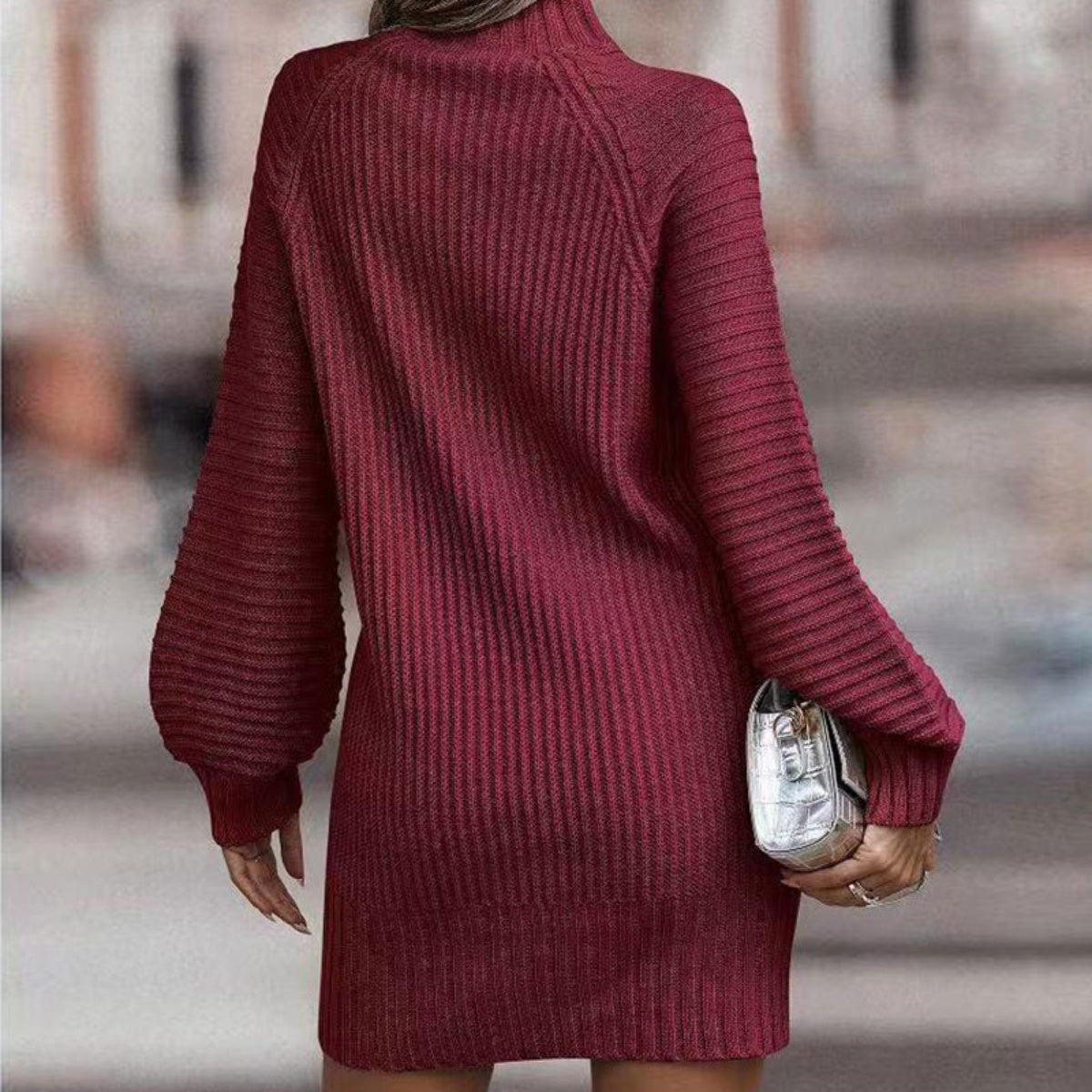 Bohemian Ribbed Mock Neck Lantern Sleeve Sweater Dress
