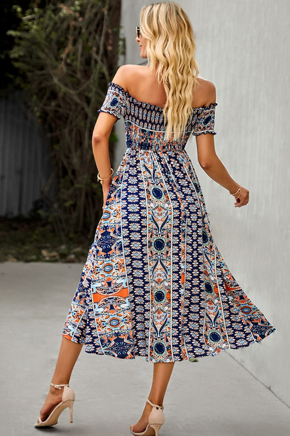 Bohemian Off-Shoulder Midi Frill Trim Split Dress