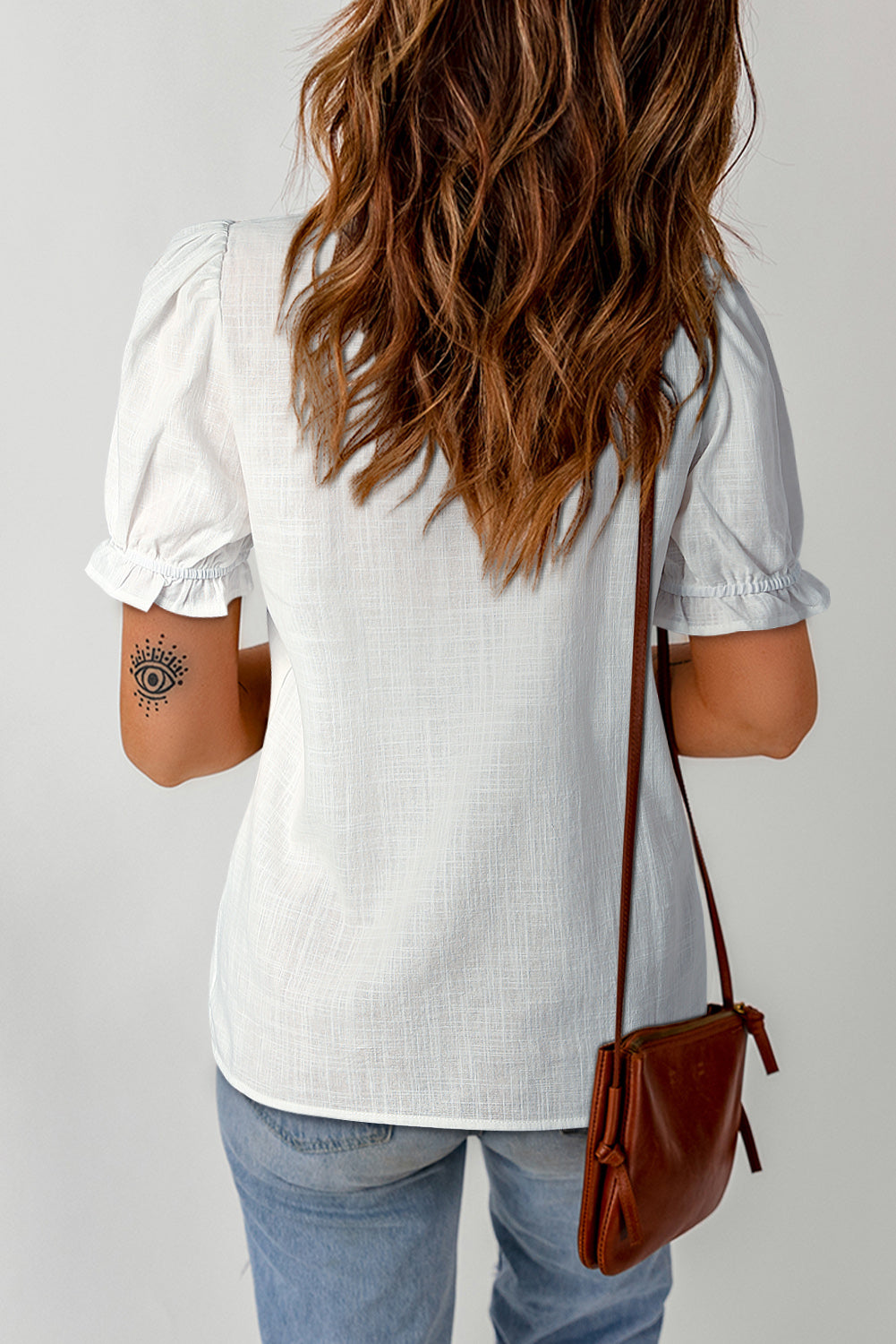 Boho Embroidered Notched Neck Flounce Sleeve Top