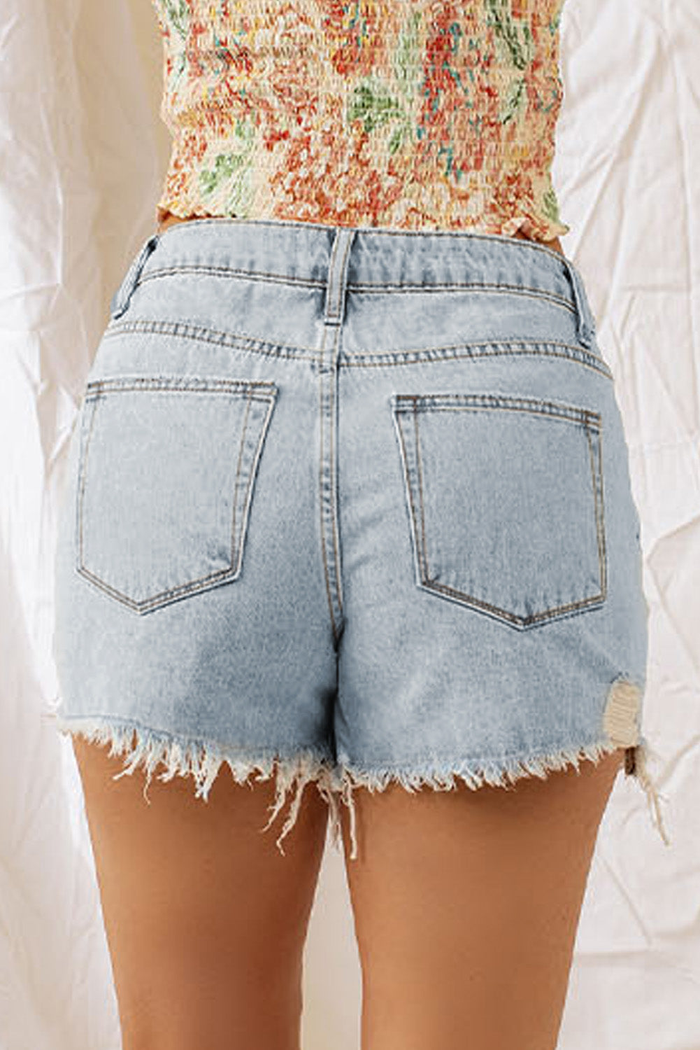 Distressed Mid-Rise Light Denim Shorts