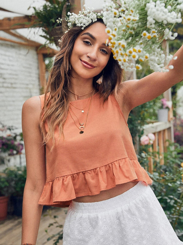 Women s Boho Sleeveless Lotus Leaf Edge Hem Ruffle Crop Top OliverandJade