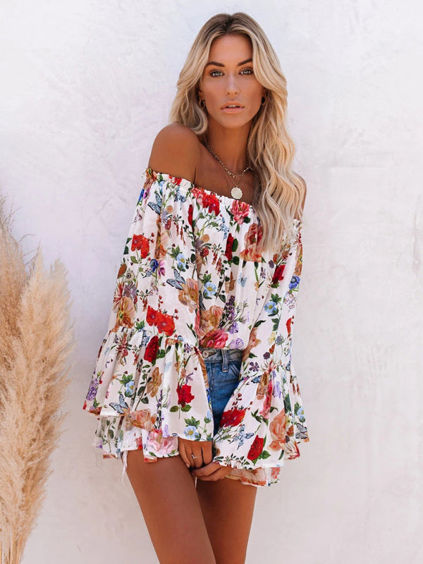 Multi Floral Print Off the Shoulder Bell Sleeve Top