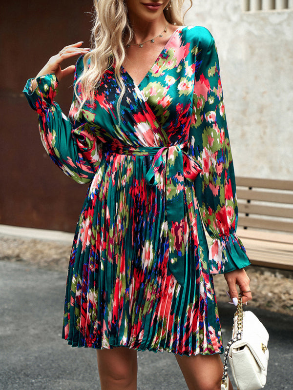 Bohemian printed colour v neck long deals sleeve pleated dress