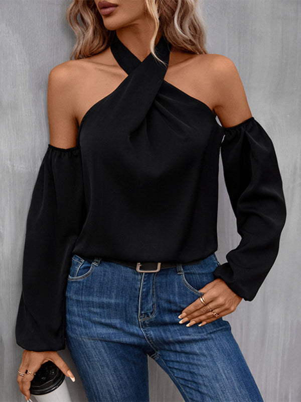 Boho Women s Black Cold Shoulder Twist Halter Long Sleeved Shirt