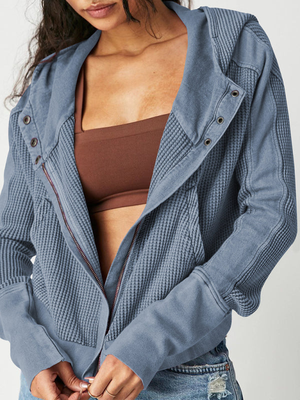 Waffle knit top zip hoodie
