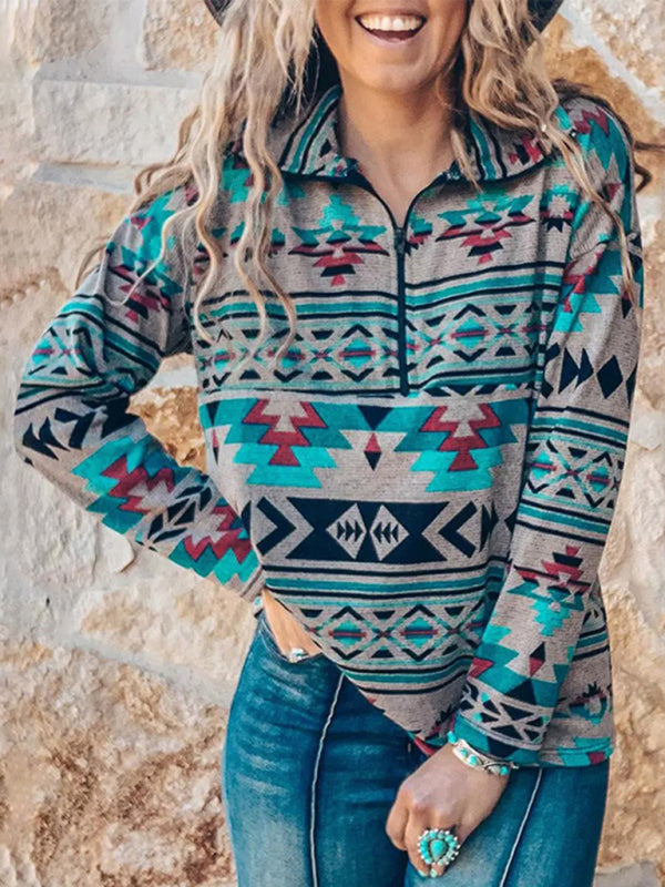 Bohemian Aztec Half Zip Pullover Top OliverandJade