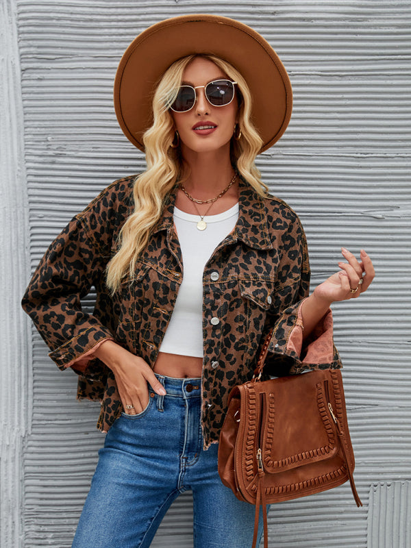 Bohemian Autumn Leopard Denim Cropped Jacket