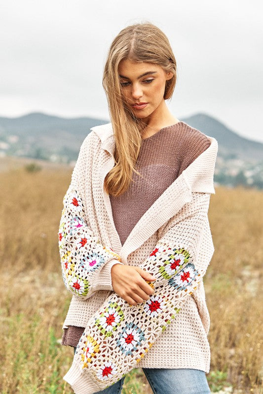 Bohemian Crochet Floral Printed Long Sleeve Knit Cardigan