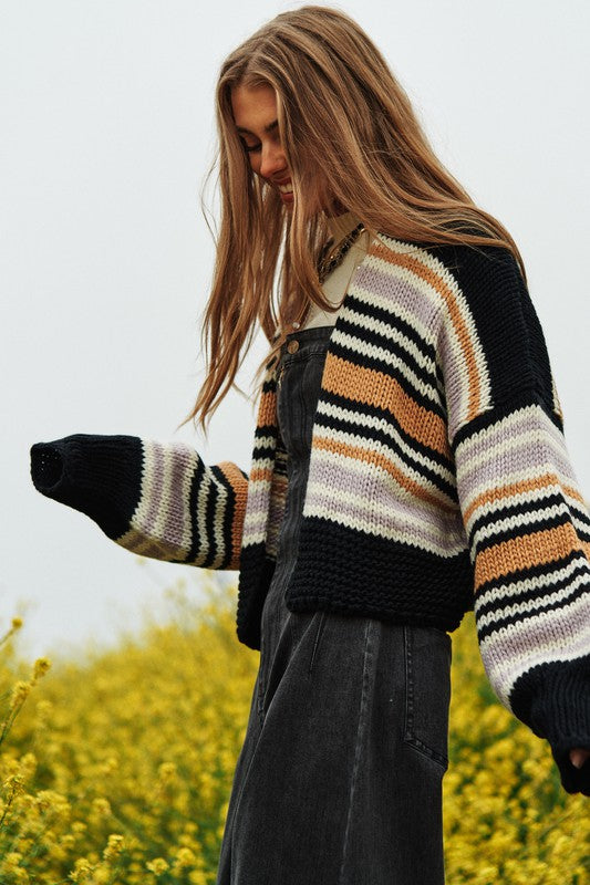Bohemian Chunky Knit Multi-Striped Open Sweater Cardigan