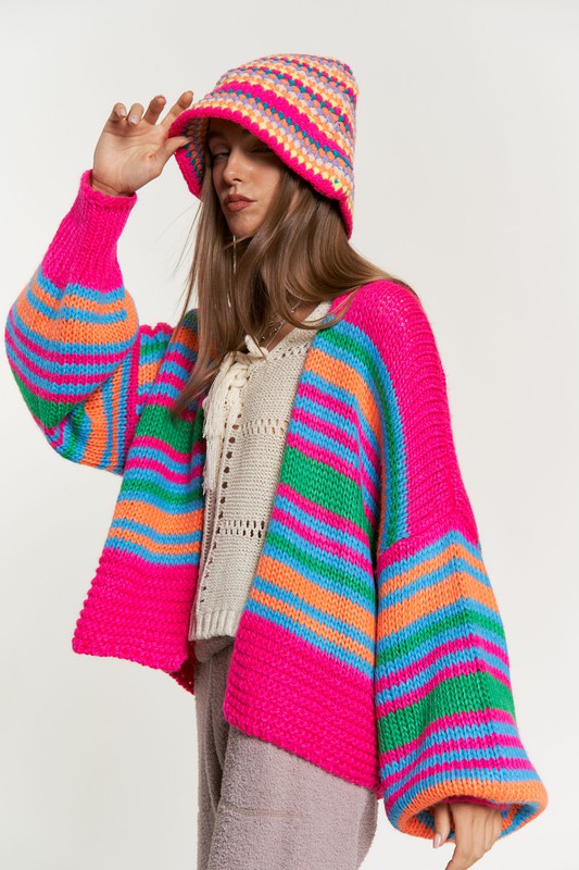 Bohemian Chunky Knit Multi-Striped Open Sweater Cardigan
