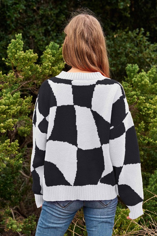 Bohemian Multi Geo Checker Pullover Knit Sweater Top