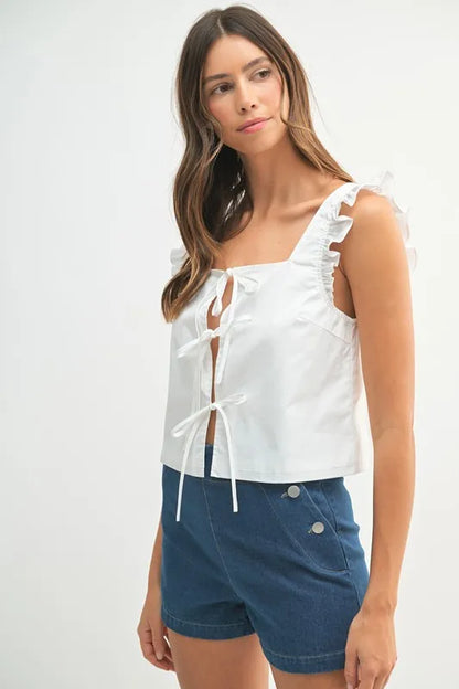 Bohemian Poplin Ruffle Strap Front Self Tie Top