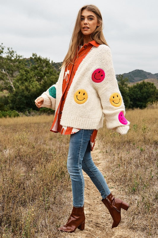 Bohemian Fuzzy Smile Long Bell Lantern Sleeve Knit Cardigan