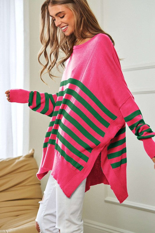Bohemian Multi Striped Elbow Patch Loose Fit Sweater Top