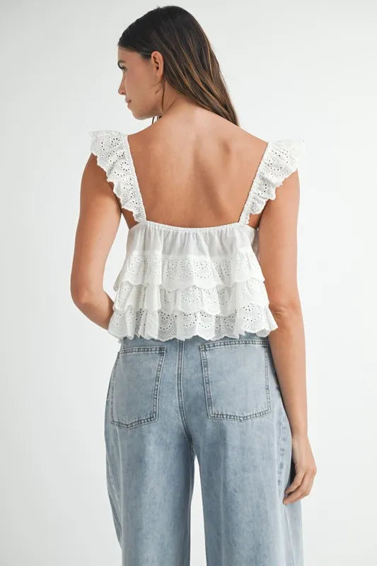 Bohemian Eyelet Embroidered Front Tie Ruffle Top
