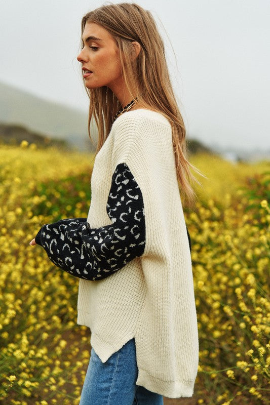 Bohemian Leopard Oversized Half and Half Pullover Sweater