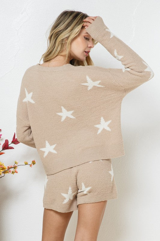 Bohemian Soft Long Sleeve Star Print Top and Short Set