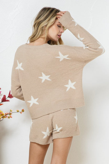 Bohemian Soft Long Sleeve Star Print Top and Short Set