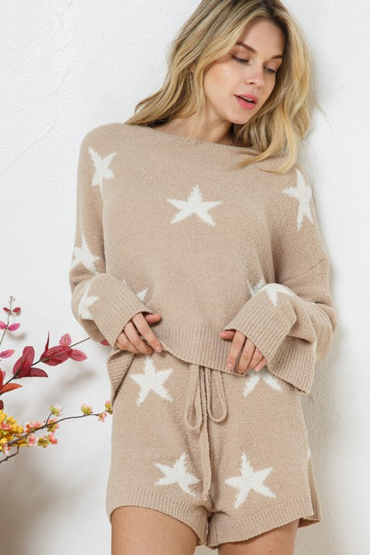 Bohemian Soft Long Sleeve Star Print Top and Short Set