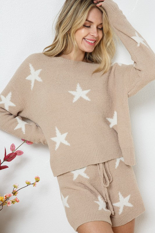 Bohemian Soft Long Sleeve Star Print Top and Short Set