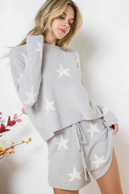 Bohemian Soft Long Sleeve Star Print Top and Short Set