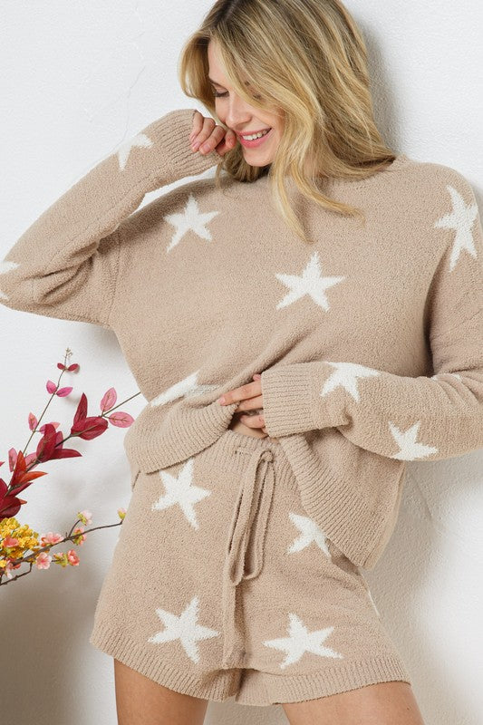 Bohemian Soft Long Sleeve Star Print Top and Short Set